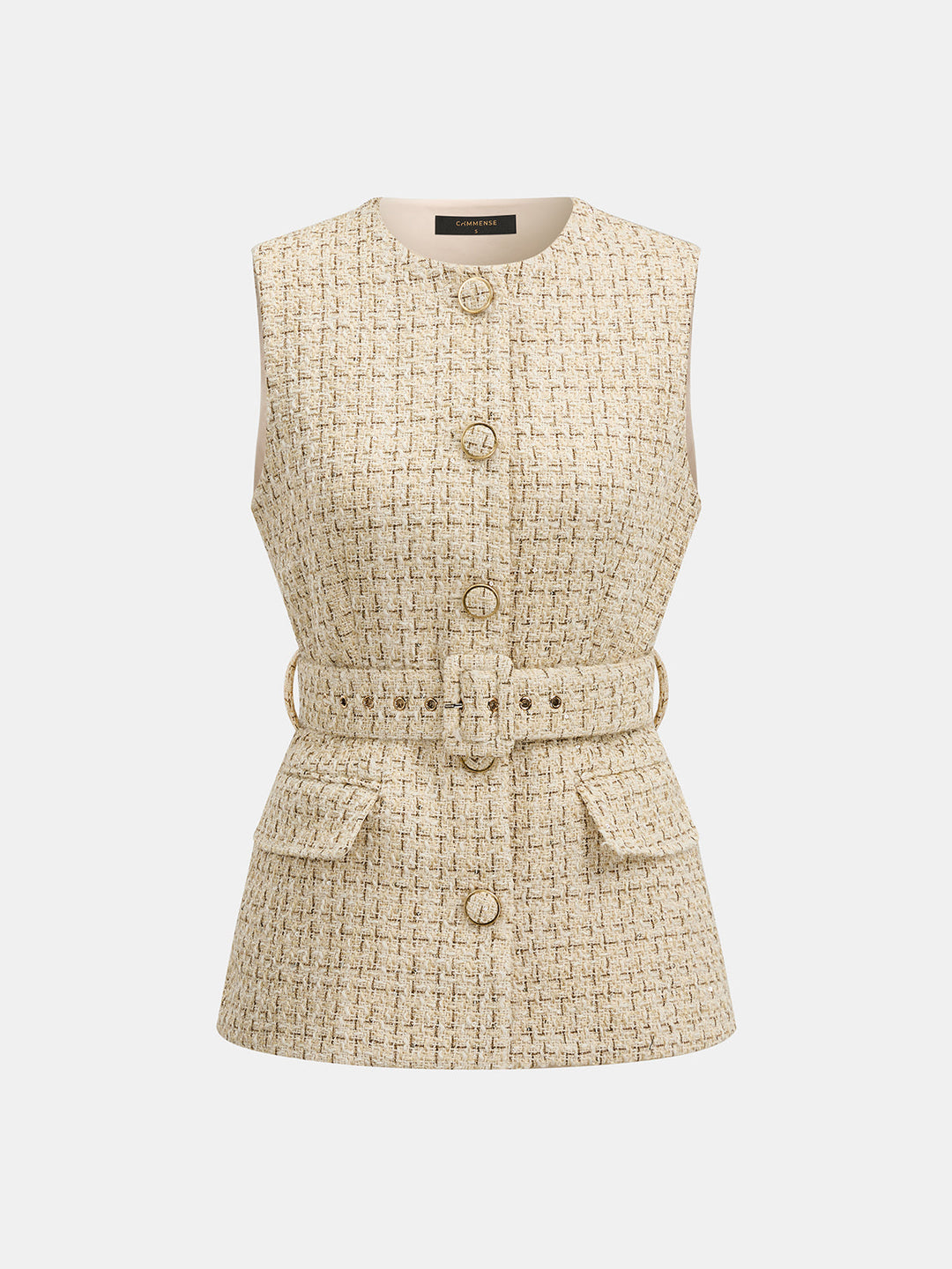 Belted Wool Blend Tweed Sleeveless Vest