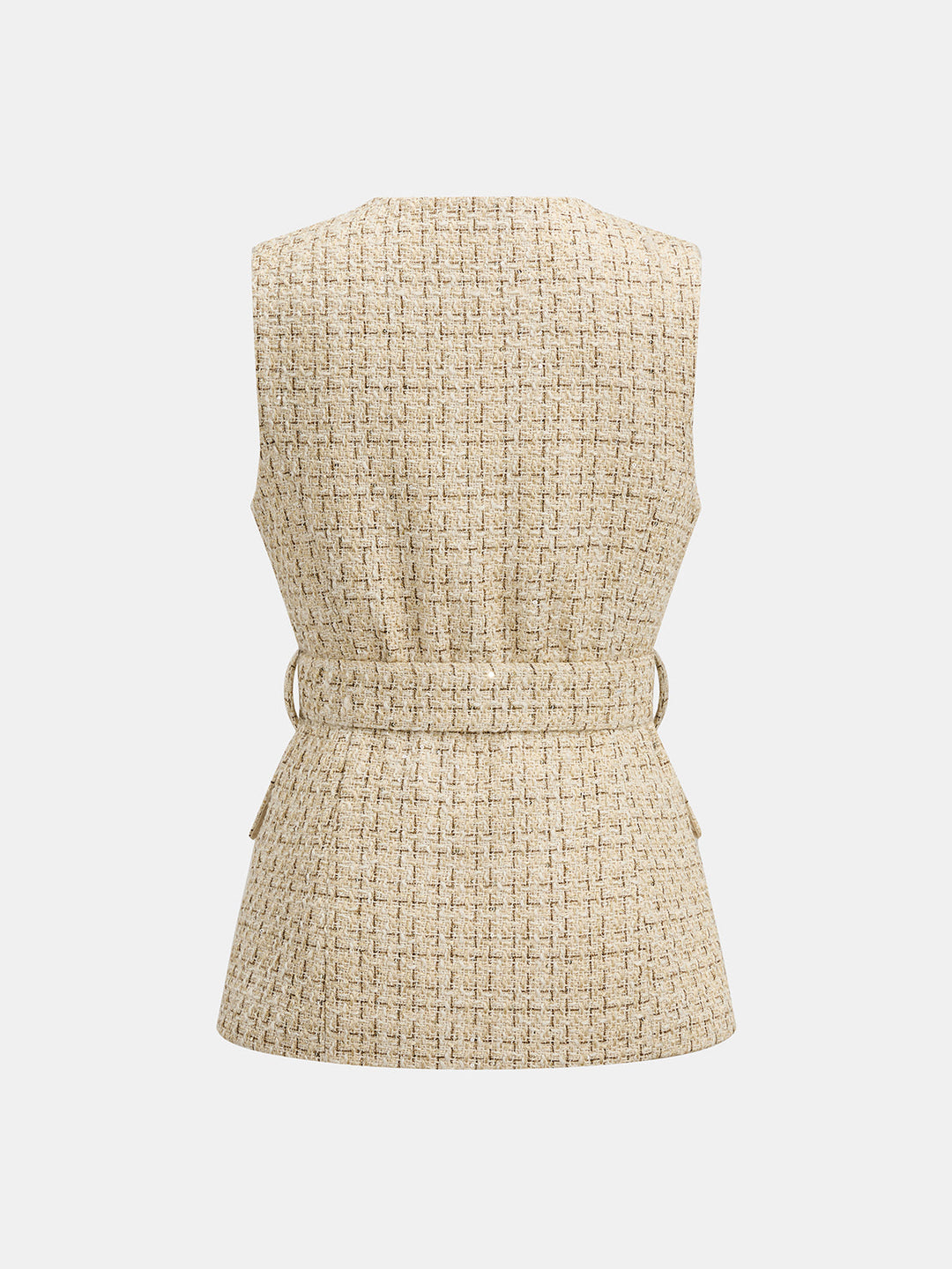 Belted Wool Blend Tweed Sleeveless Vest