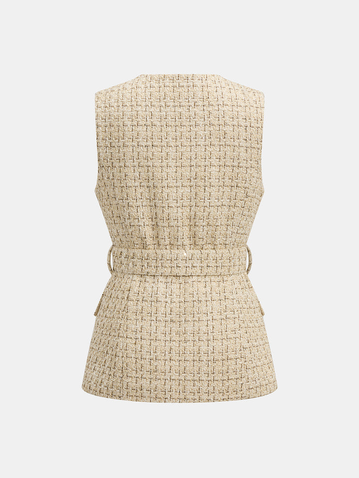 Belted Wool Blend Tweed Sleeveless Vest