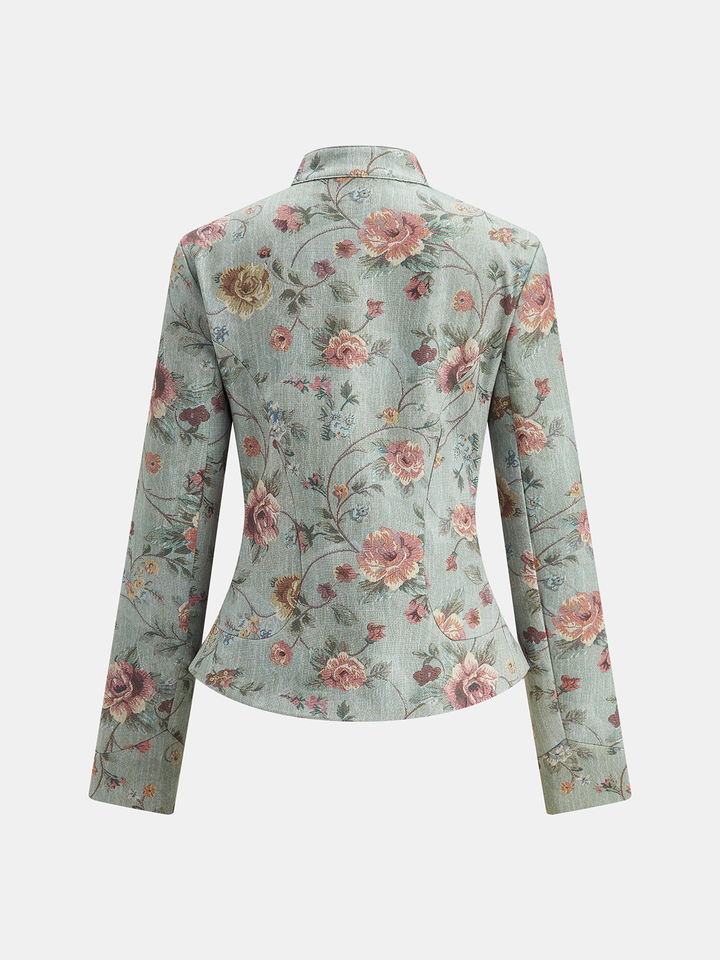 Back view of fitted floral jacquard jacket with rose print and curved peplum hem