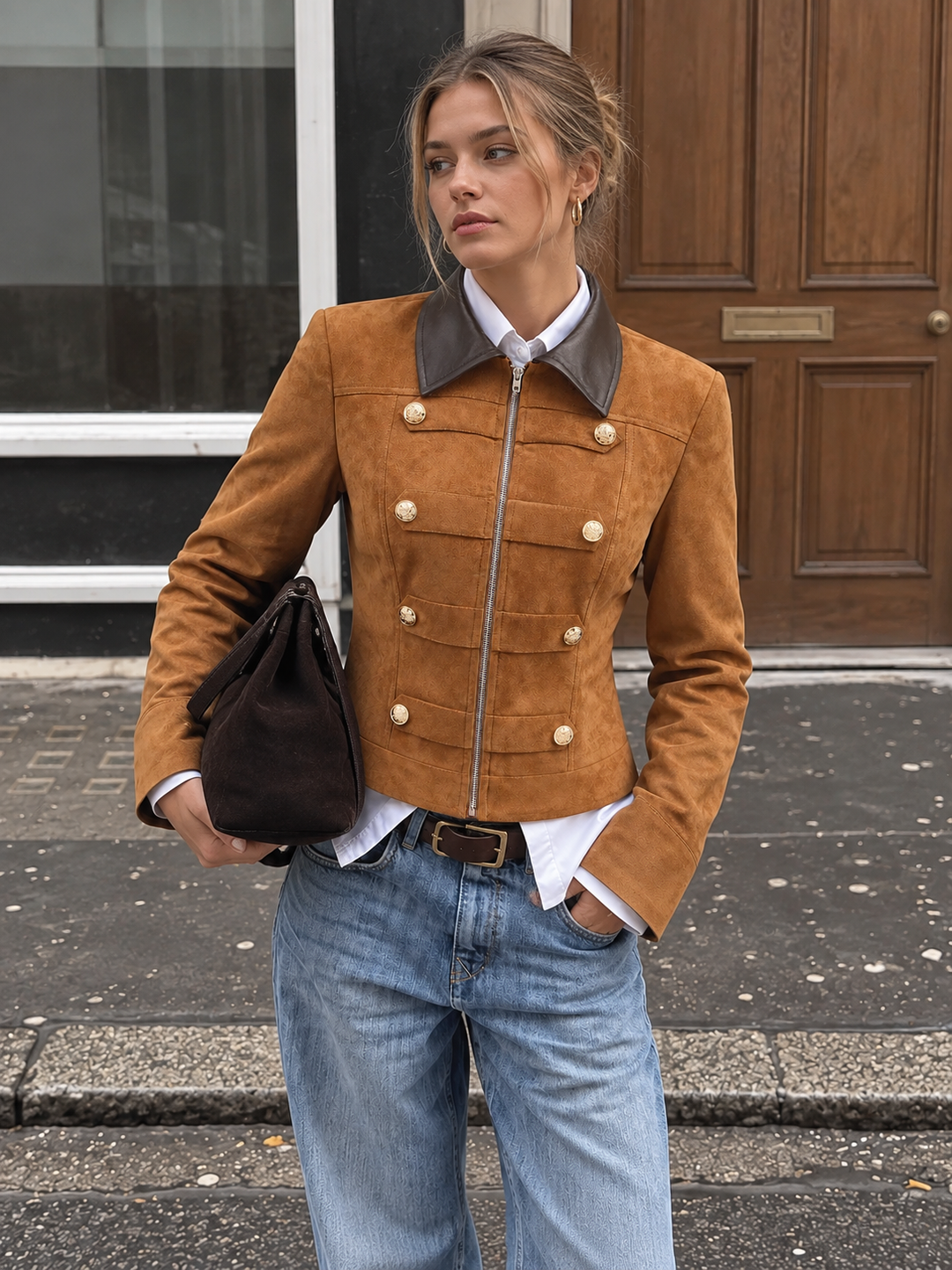Tan suede effect military jacket with black PU collar, styled with light jeans