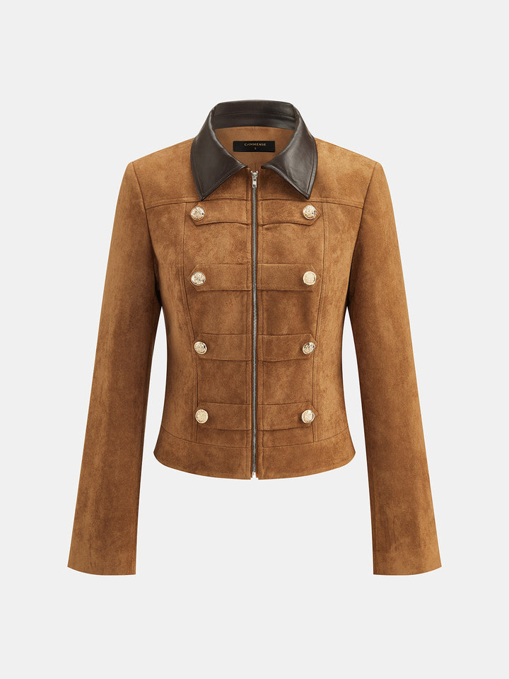 Camel suede Napoleon jacket with contrast leather collar, front product shot