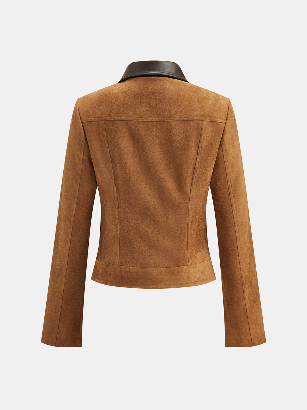 Back view of tan suede effect cropped military jacket with panelled seams