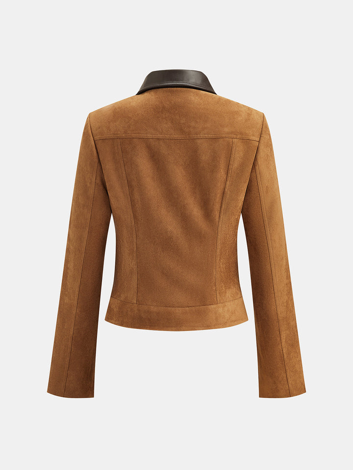 Back view of tan suede effect cropped military jacket with panelled seams