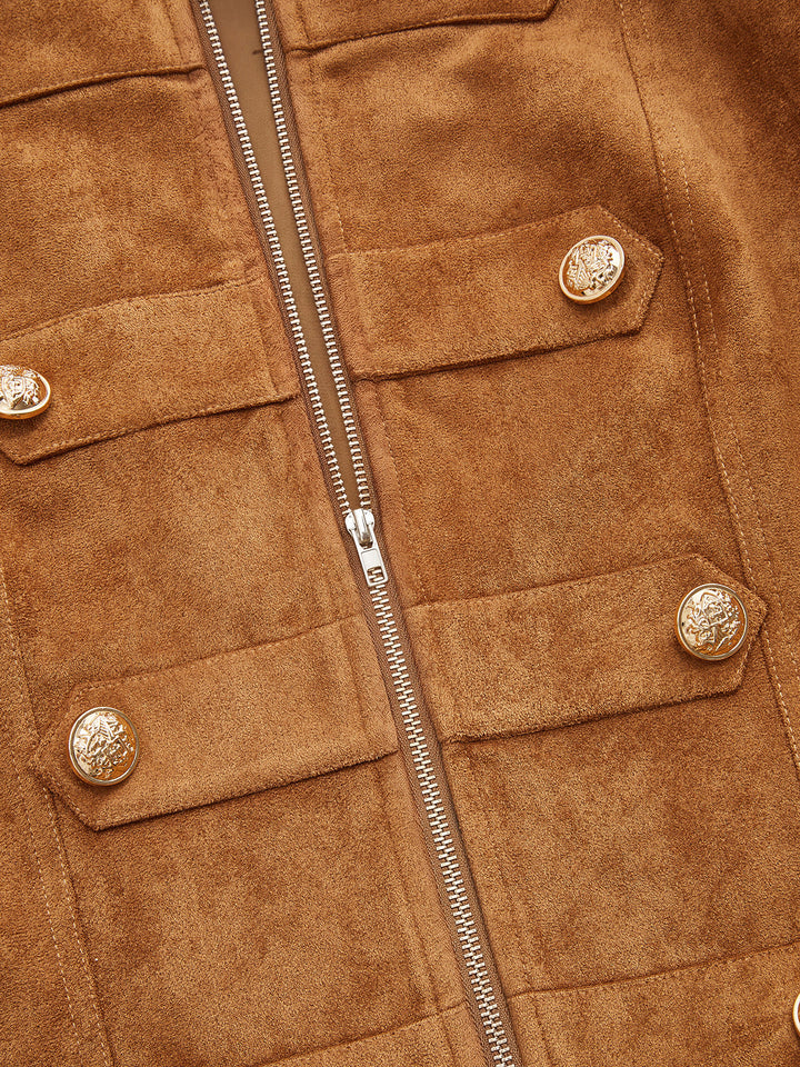 Detail of gold buttons and zip front on camel suede effect jacket