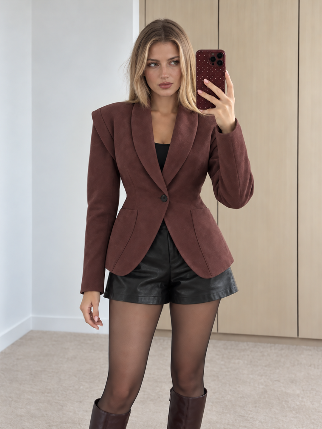 Woman wearing the wine suede blazer with black leather shorts and knee high boots