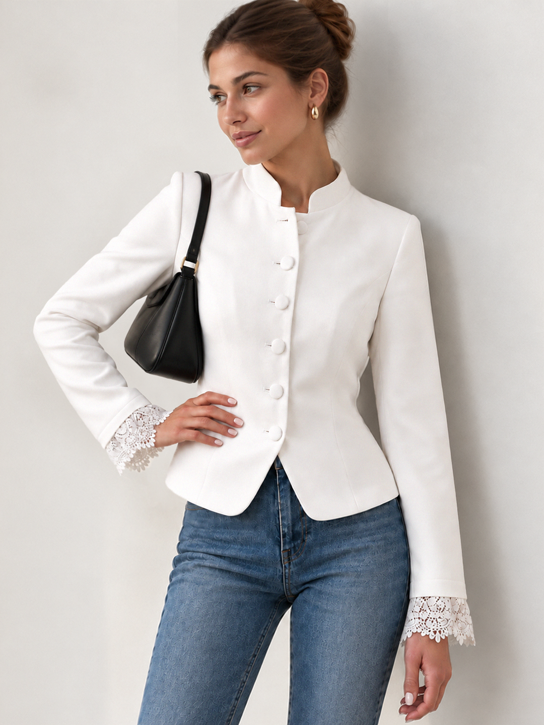 Lace Cuff Stand Collar Fitted Jacket — women's blazers, front view