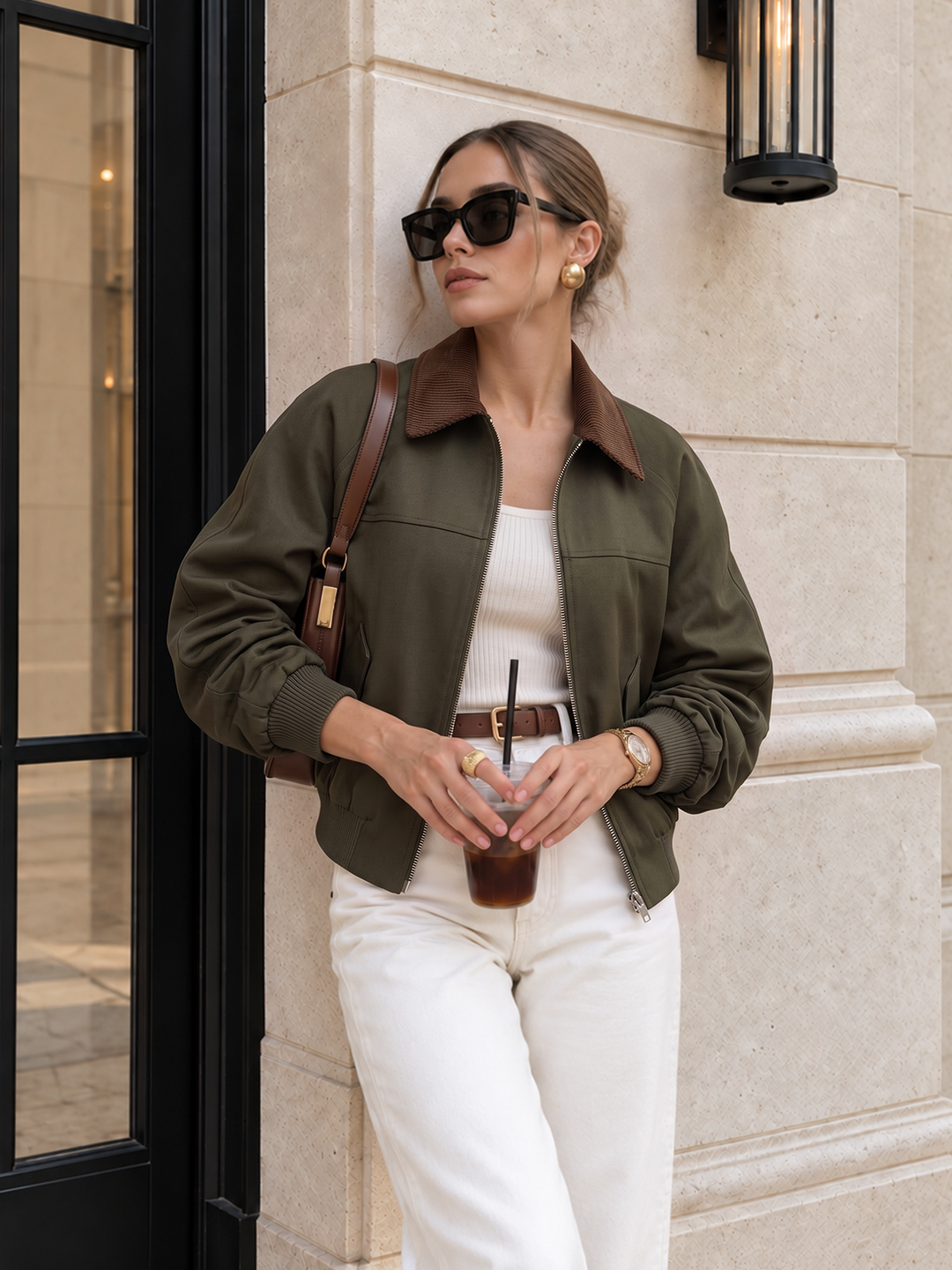 Corduroy Collar Zip Front Bomber Jacket — women's jackets, front view