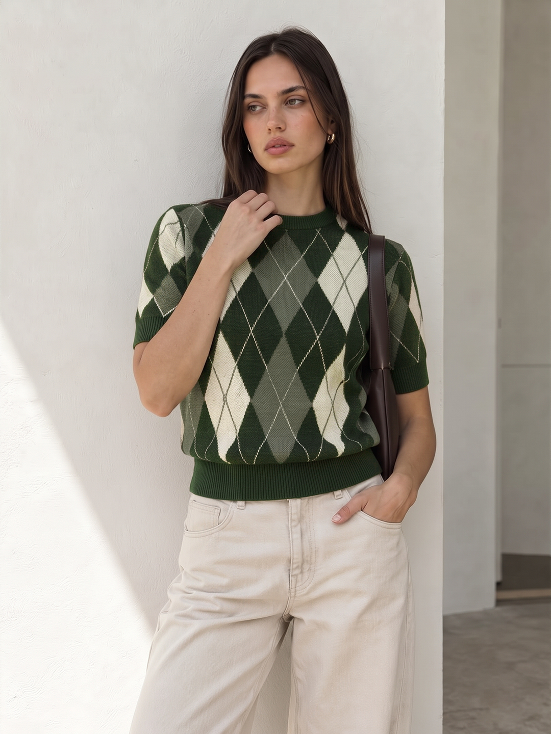 Color‑Block Argyle Short Sleeve Knit Sweater