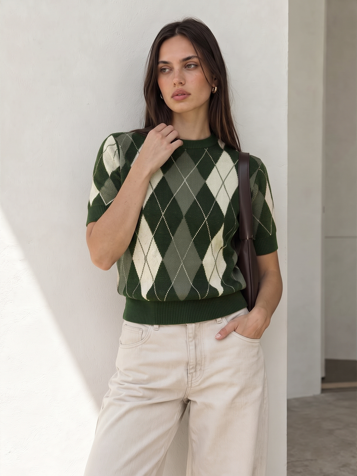Color‑Block Argyle Short Sleeve Knit Sweater