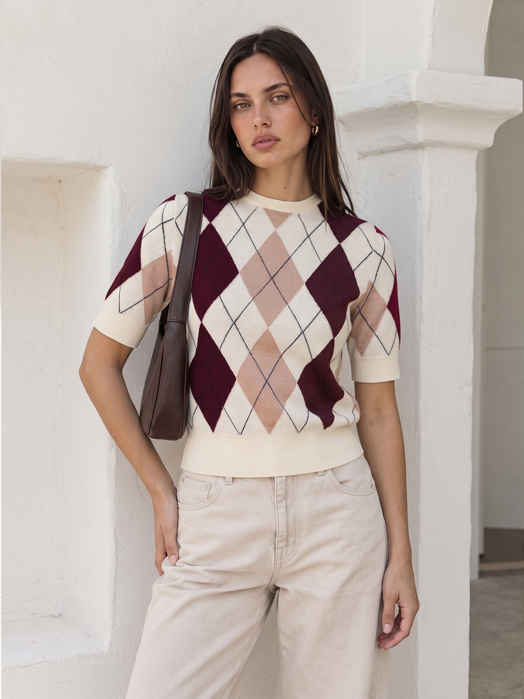 Color‑Block Argyle Short Sleeve Knit Sweater