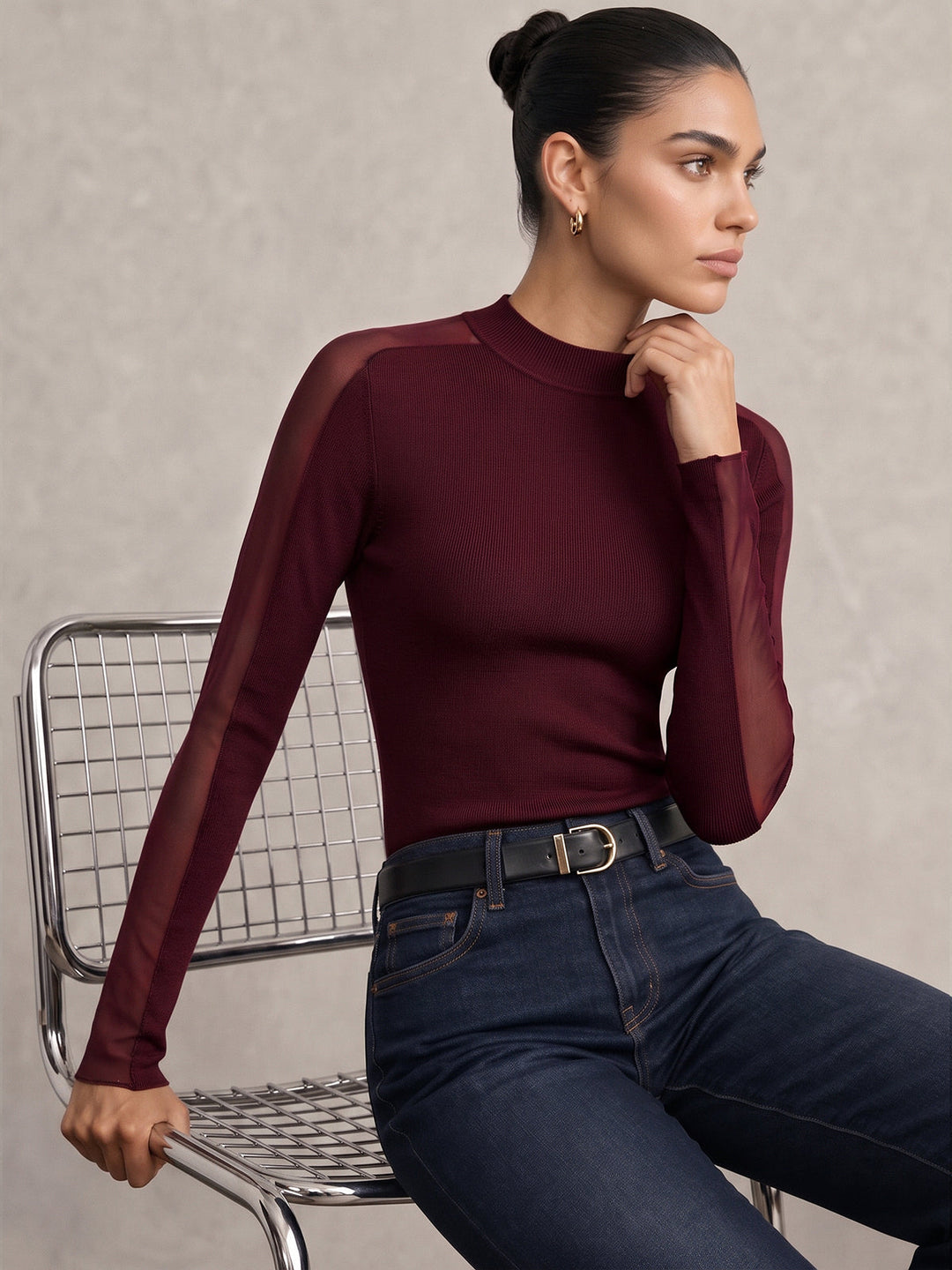 Mock Neck Sheer Panel Slim Knit Top
