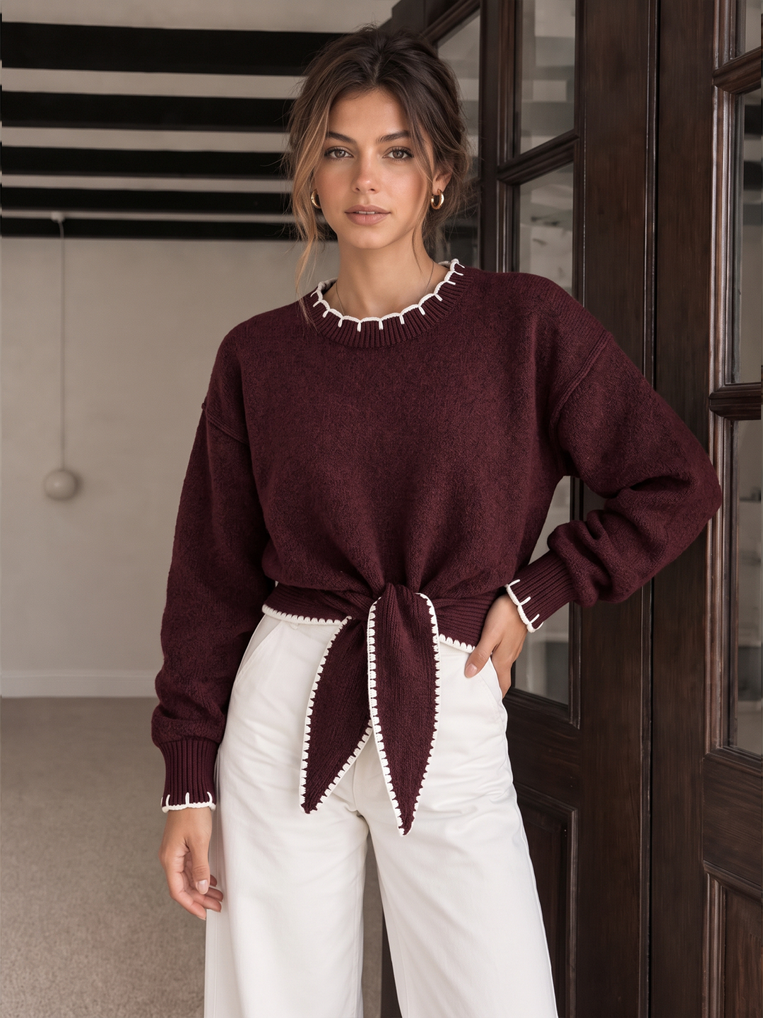 Contrast Trim Tie-Front Cropped Knit Sweater