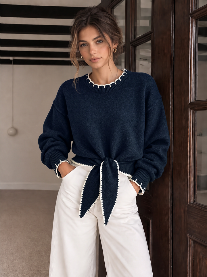 Contrast Trim Tie-Front Cropped Knit Sweater