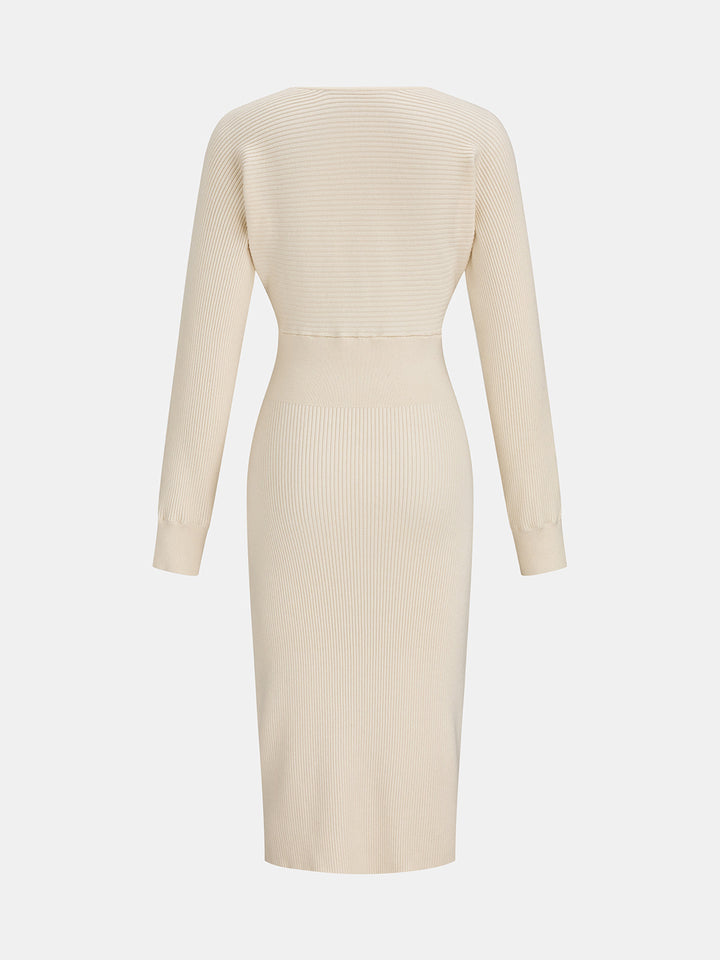 Deep V Ribbed Knit Midi Dress