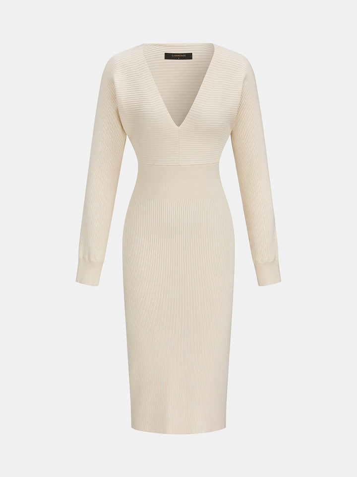 Deep V Ribbed Knit Midi Dress