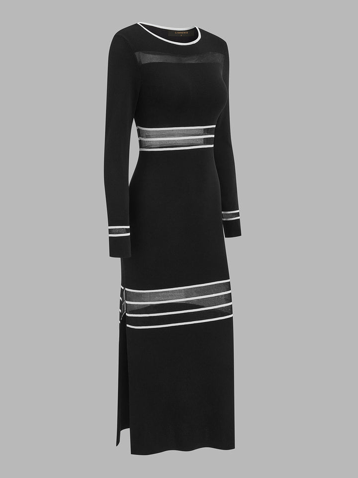 Mesh Striped Inset Slit Maxi Knit Dress