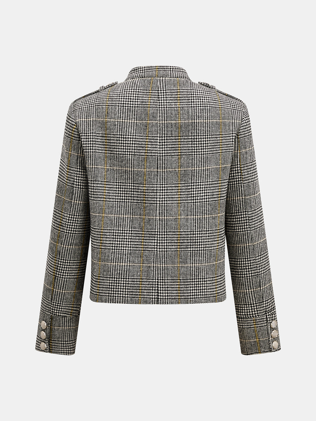 Back view of houndstooth stand collar jacket with cropped tailored fit