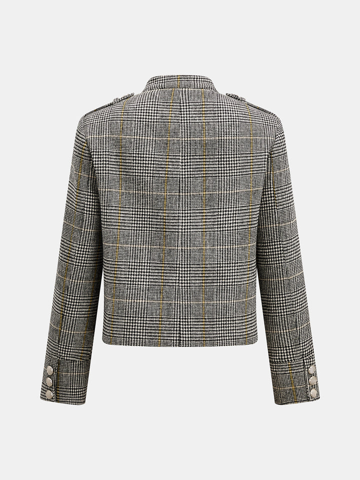 Back view of houndstooth stand collar jacket with cropped tailored fit