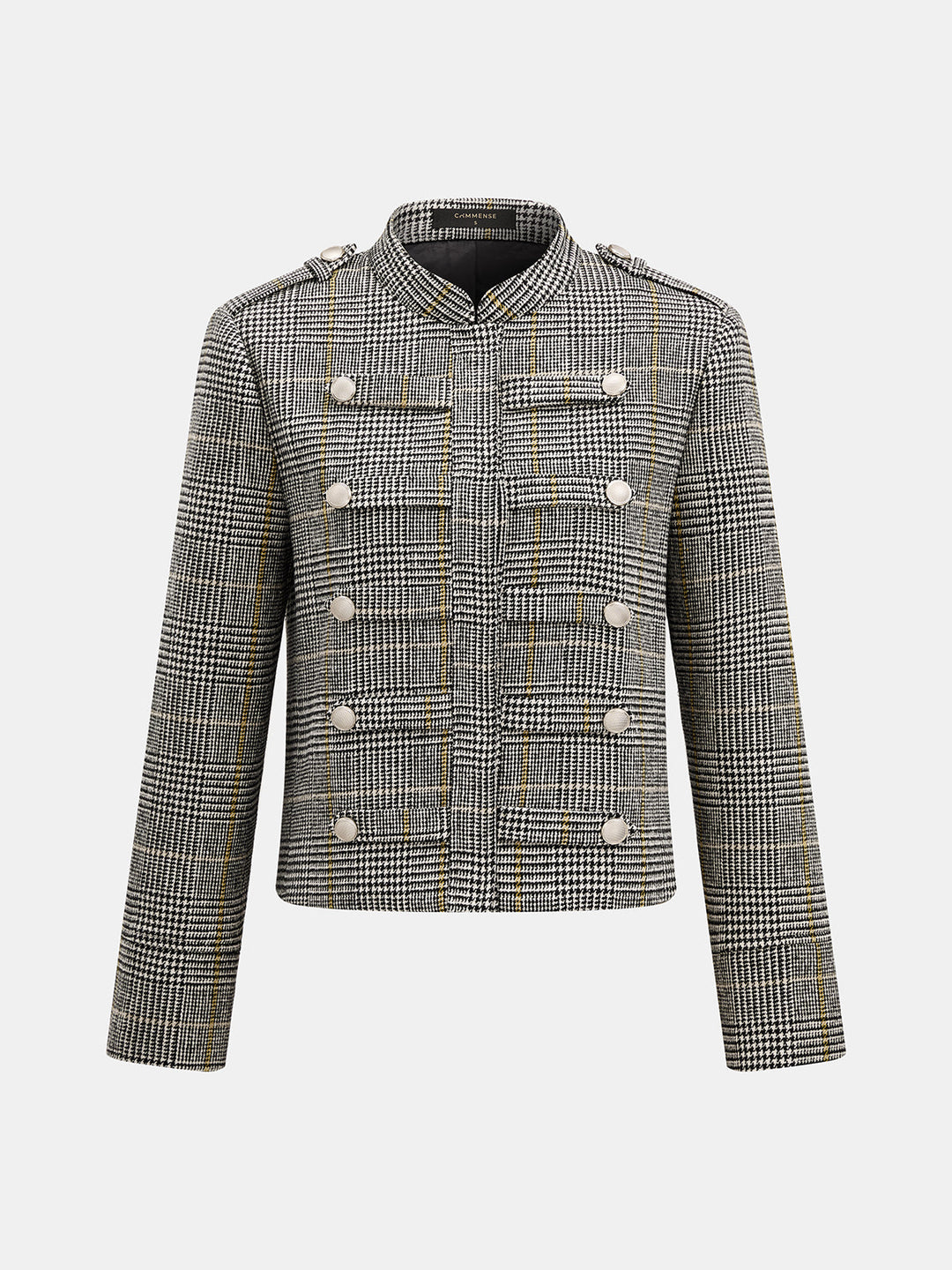 Houndstooth check Napoleon jacket with stand collar, front product shot