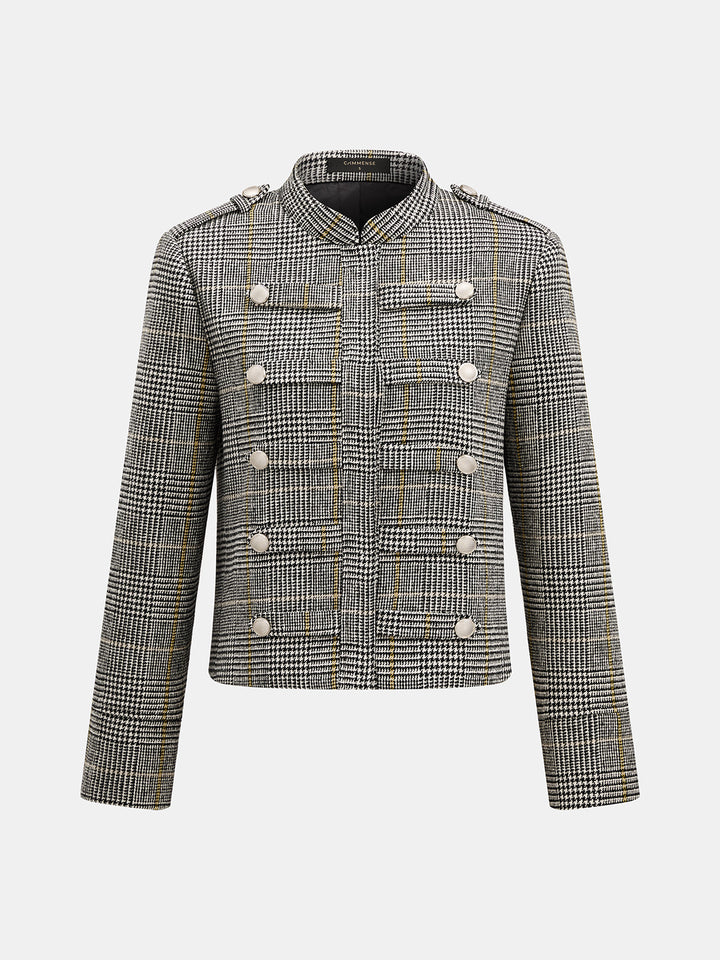 Houndstooth check Napoleon jacket with stand collar, front product shot