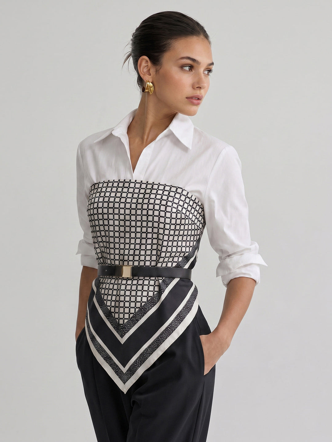 Patchwork Scarf‑Hem Belted Shirt — women's shirts, front view