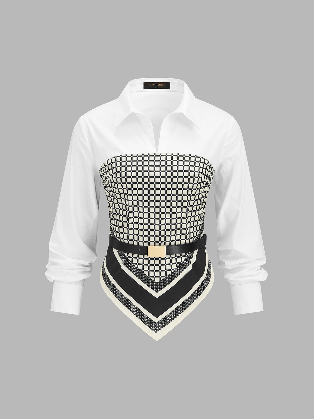 Patchwork Scarf-Hem Belted Shirt - women's shirt, back view