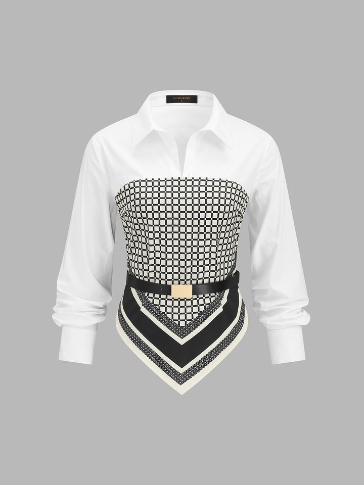 Patchwork Scarf-Hem Belted Shirt - women's shirt, back view