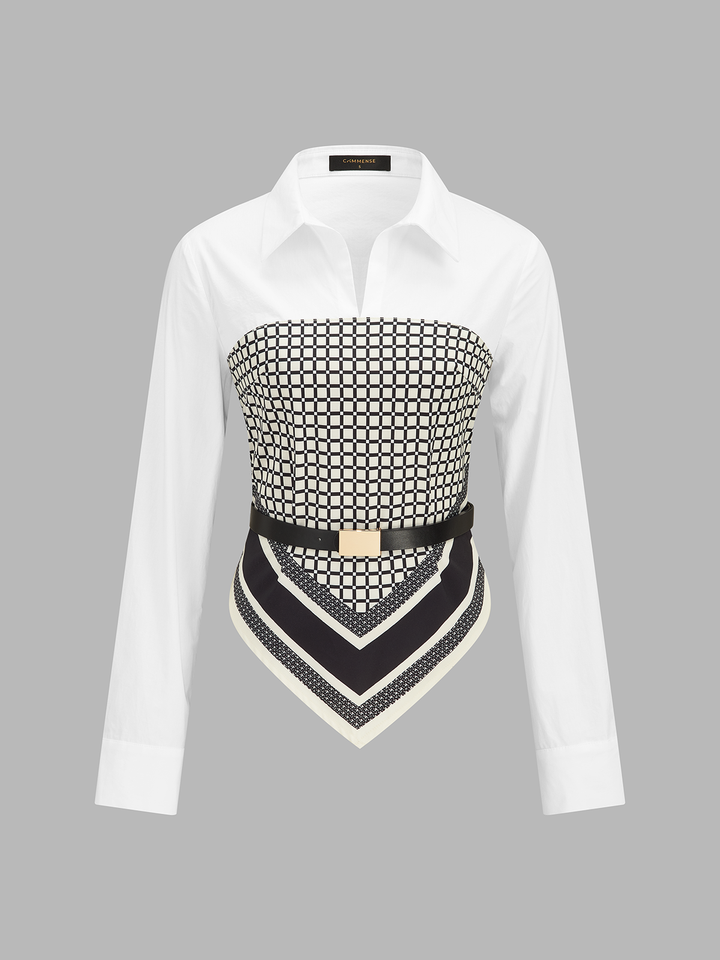 Patchwork Scarf-Hem Belted Shirt - women's shirt, full-length styled look