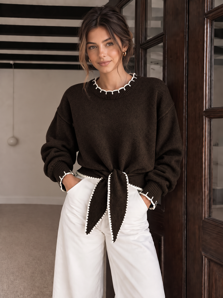 Contrast Trim Tie-Front Cropped Knit Sweater - women's sweater, sleeve detail