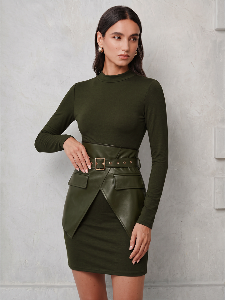Faux-Leather Corset Overlay Knit Dress - women's knit dress, sleeve detail