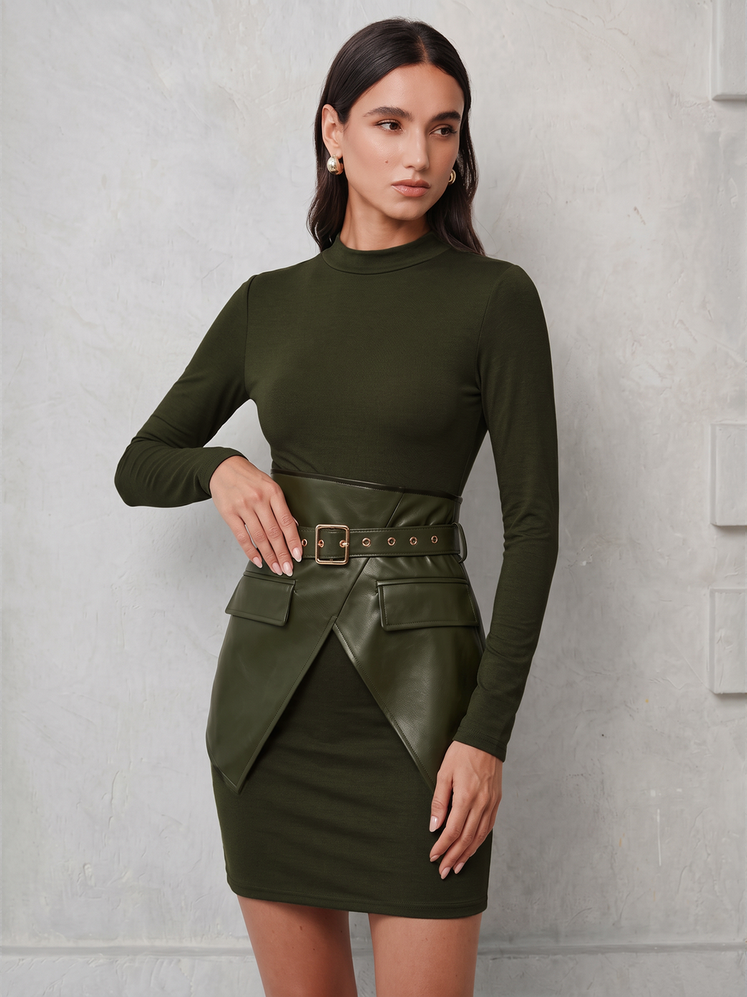 Faux‑Leather Corset Overlay Knit Dress