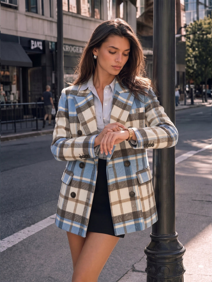 Multi‑Color Plaid Tailored Double‑Breasted Blazer