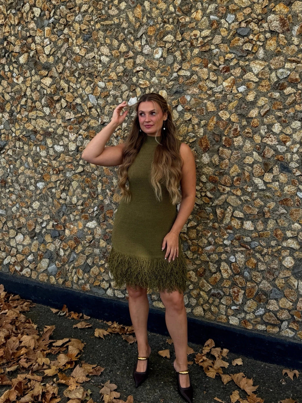 Fringe Hem Sleeveless Knit Dress — women's sweater dresses, back view