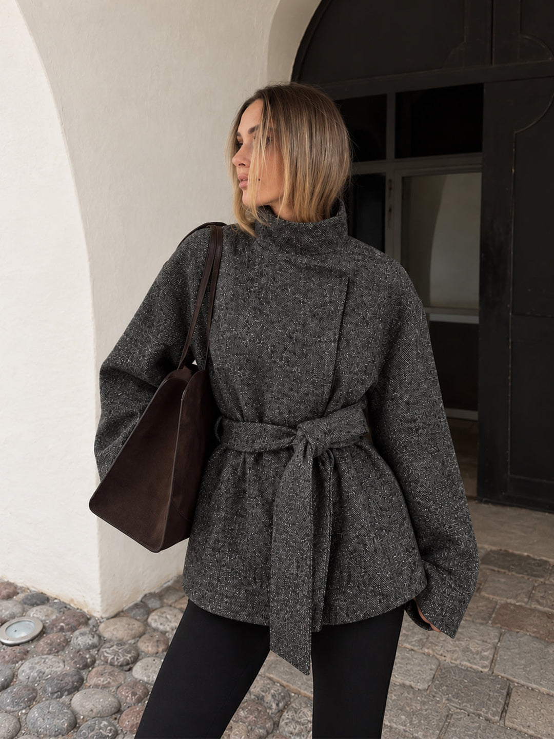Belted Speckled Tweed Coat