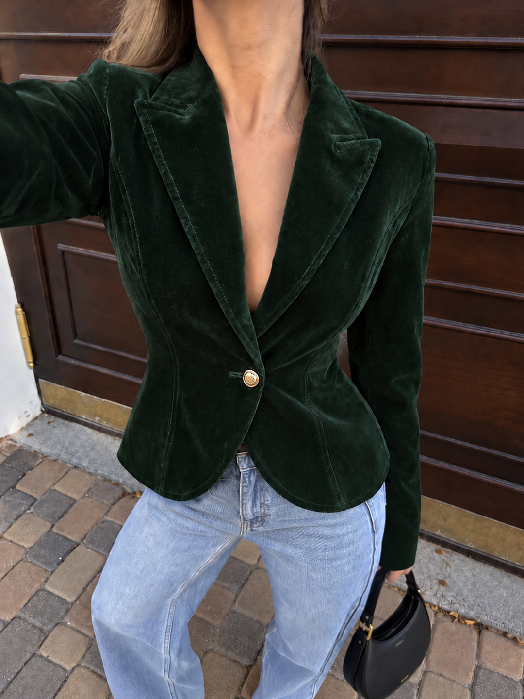 Single Metal Button Velvet Blazer — women's blazers, front view