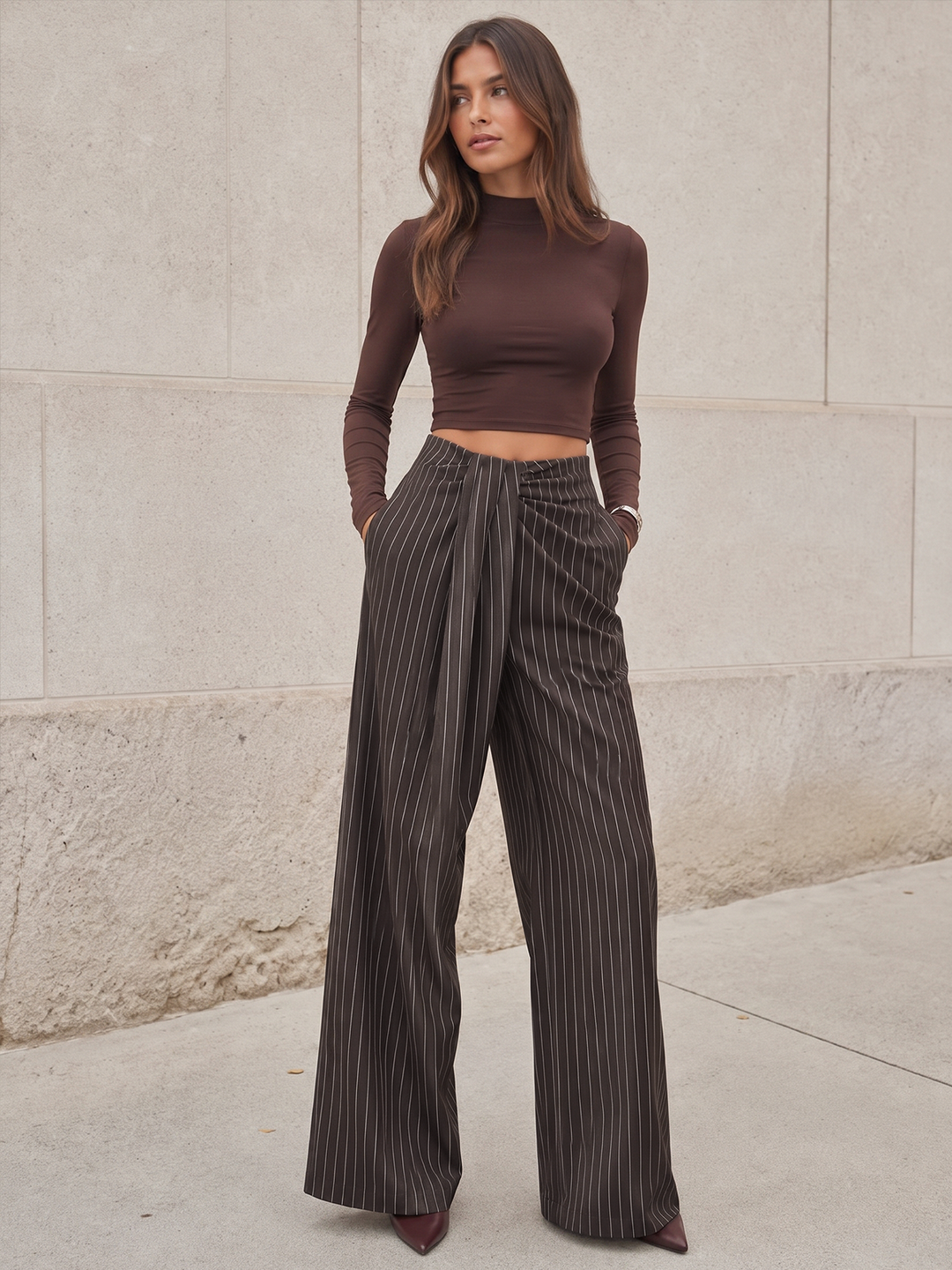 Twisted Waist Pinstripe Wide Leg Pants - women's trousers, detail close-up
