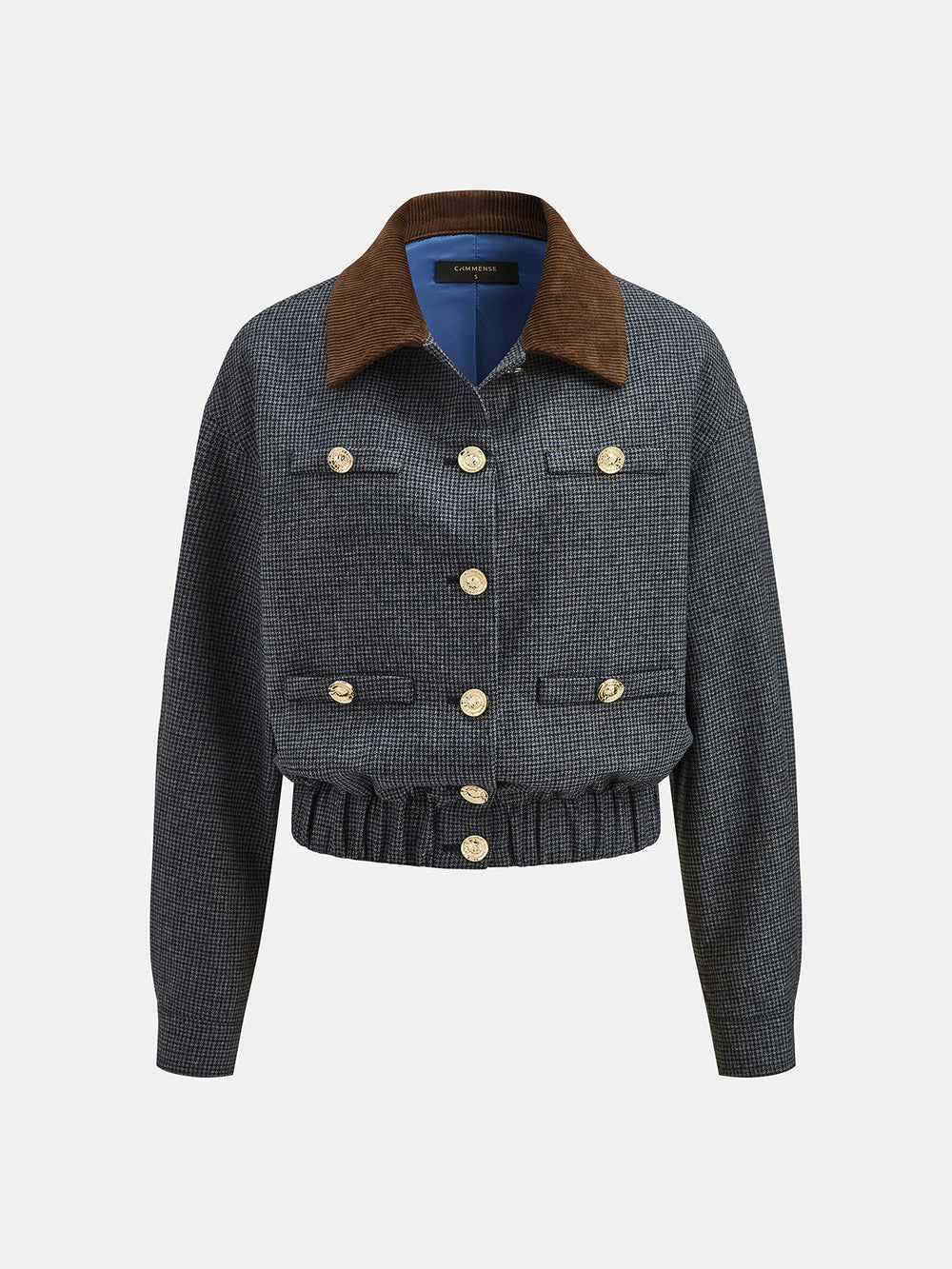Front product view of grey checked jacket with gold buttons and four patch pockets