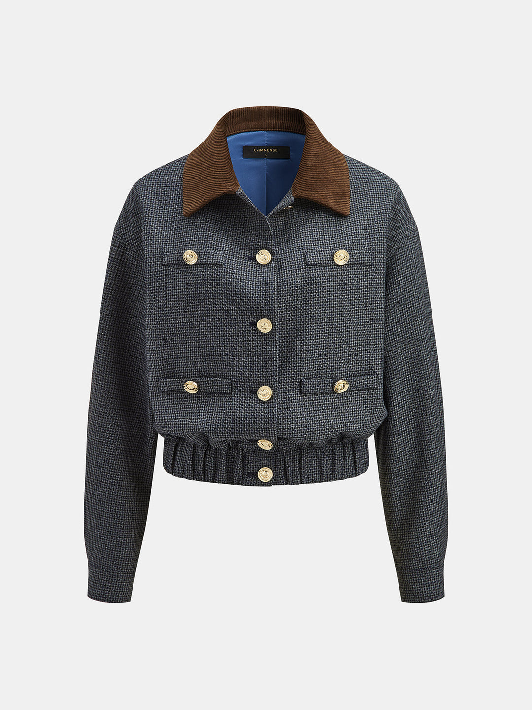Front product view of grey checked jacket with gold buttons and four patch pockets