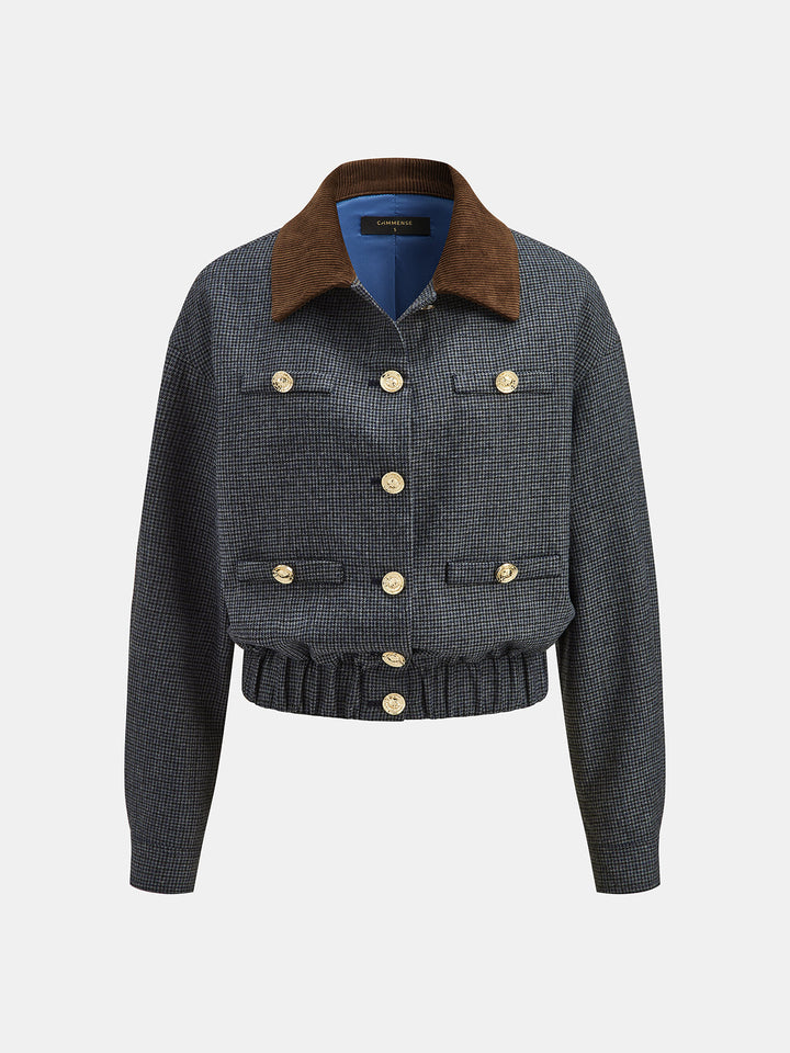 Front product view of grey checked jacket with gold buttons and four patch pockets