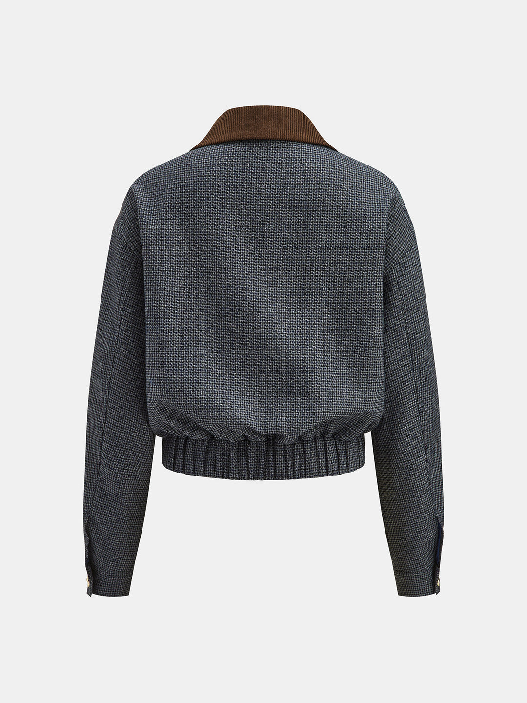 Back view of the cropped houndstooth jacket with ribbed hem