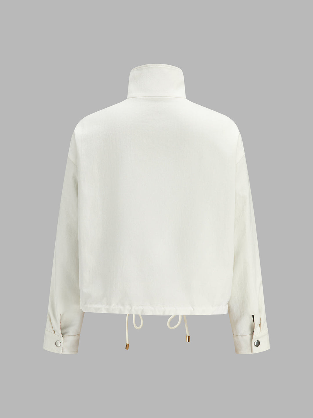 Back view of cream cropped jacket with dropped shoulders and drawstring hem
