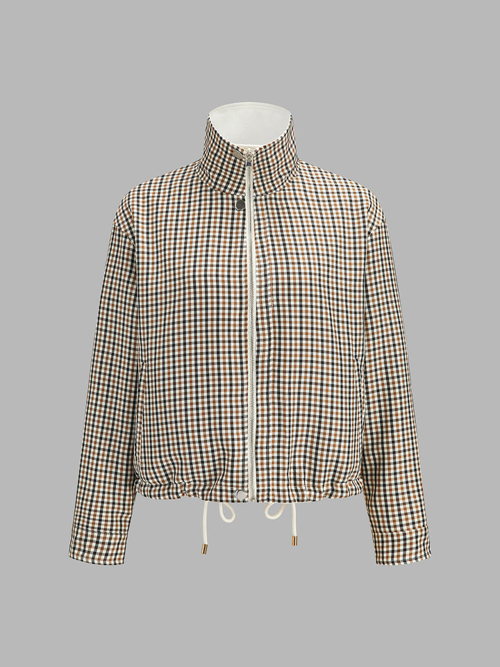 Check side of the reversible jacket flat on white, brown and beige windowpane pattern