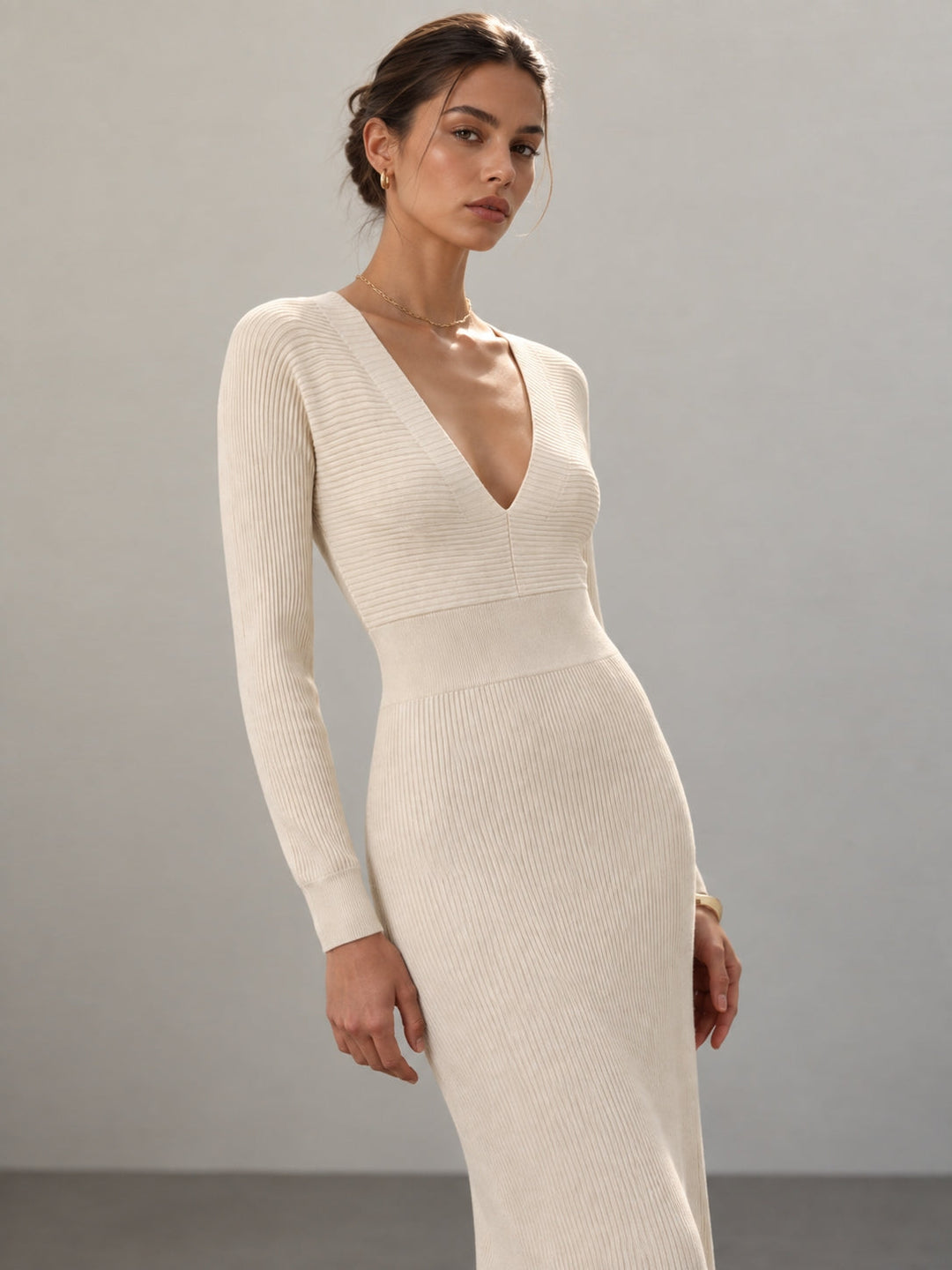 Deep V Ribbed Knit Midi Dress