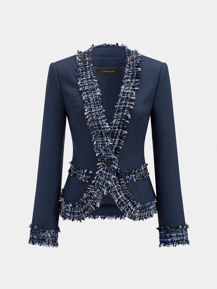 Multicolor Fringe Trim Tweed Blazer