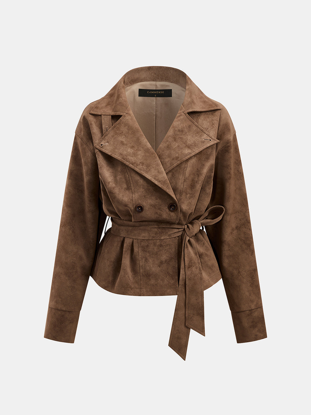 Brown faux suede trench jacket with wide lapels and tie belt, front product shot