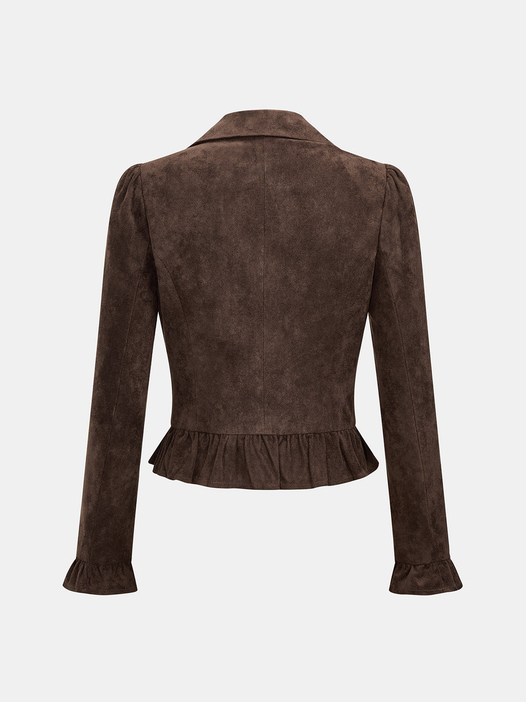 Back product shot of the chocolate brown zip front jacket with puff shoulders