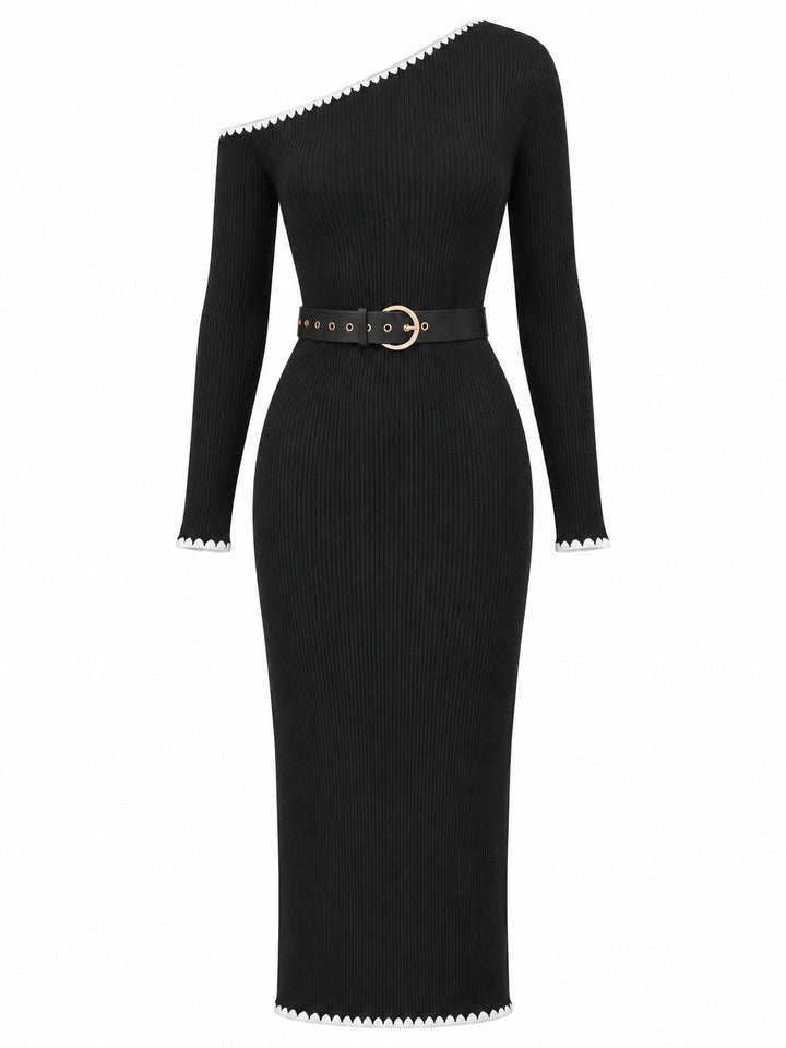 Off‑Shoulder Scalloped Trim Belted Wool Blend Dress