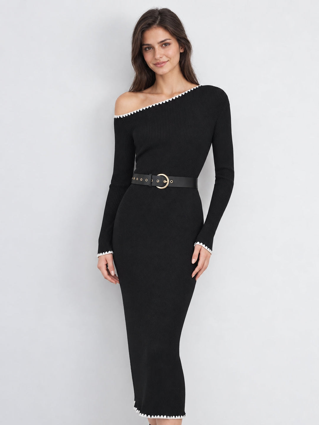 Off‑Shoulder Scalloped Trim Belted Wool Blend Dress