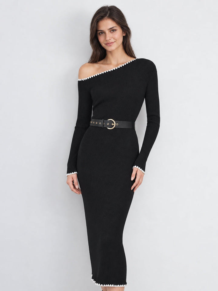 Off‑Shoulder Scalloped Trim Belted Wool Blend Dress